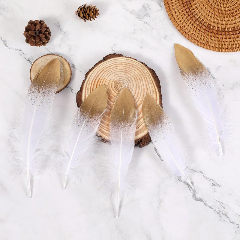 Larryhot Dipped Gold & White Goose Feathers for Crafts - 6-8 inch 60 pcs Natural Feathers for Wedding Party Decorations,DIY Crafts and Table Centerpiece(Gold & White) - Image 5